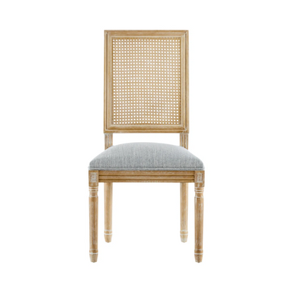 French Country Wood and Cane Upholstered Dining Chairs – Weathered Rubberwood Frame with Fluted Legs & Rectangular Cane Backrest