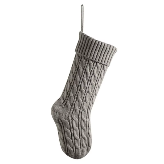 Grey Knitted Christmas Stocking – Cable Knit Holiday Gift Bag with Soft Lining