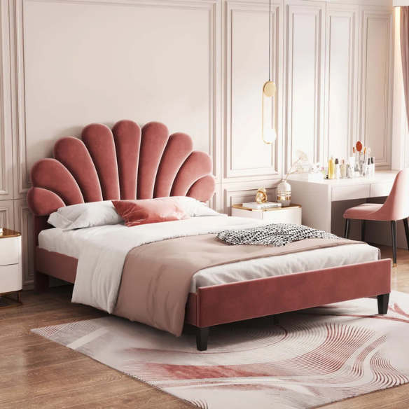 Upholstered Platform Bed with Flower Pattern Velvet Headboard – Full/Double Size, Elegant Design for Modern Bedrooms