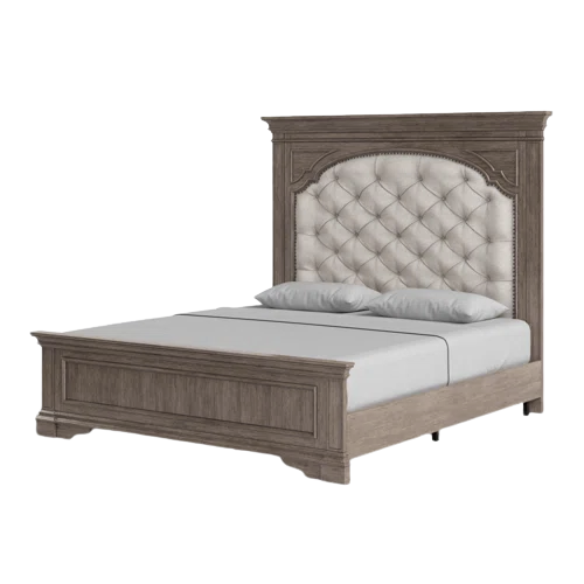 3-Piece Rustic Upholstered Panel Queen Bedroom Set in Driftwood Grey or Rustic Ivory – Includes Nightstand, Double Dresser with Mirror, and Button-Tufted Bed with Nailhead Trim