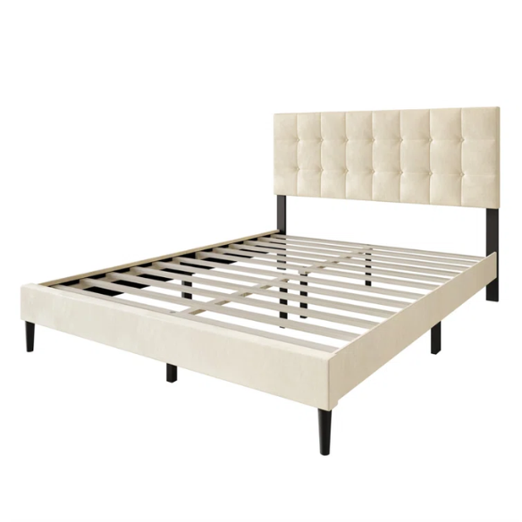 Luxurious Upholstered King Size Platform Bed with Tufted Velvet Headboard and Modern Tapered Legs – A Sophisticated Addition to Any Bedroom
