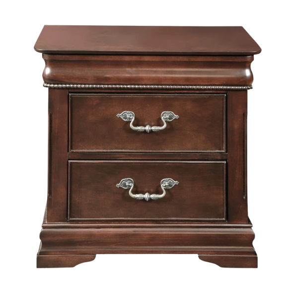 Traditional Elegance 4-Piece Queen Bedroom Set in Cherry Brown with Carved Accents, Camelback Bed, Nightstand, Dresser, and Mirror