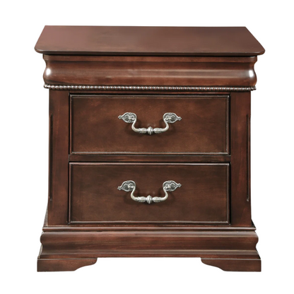 Traditional Elegance 4-Piece Queen Bedroom Set in Cherry Brown with Carved Accents, Camelback Bed, Nightstand, Dresser, and Mirror