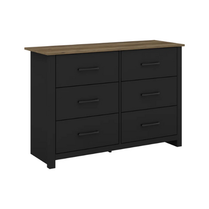 Modern 6-Drawer Double Dresser with Flared Feet and Sleek Black Metal Handles