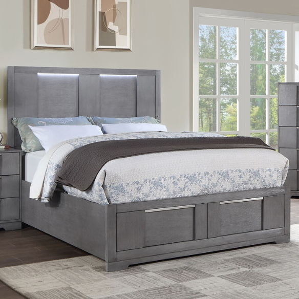 Modern 5-Piece Grey Wood Storage Platform Bedroom Set with LED Headboard Lights and Dovetail Drawers