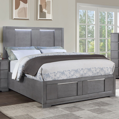 Modern 5-Piece Grey Wood Storage Platform Bedroom Set with LED Headboard Lights and Dovetail Drawers