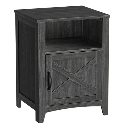 Farmhouse Nightstand with Cabinet & Open Compartment – Rustic Bedside Table, Distressed Finish, Barn Door Style, Matte Black Metal Handles, Flared Legs, Versatile Storage for Bedroom or Living Room