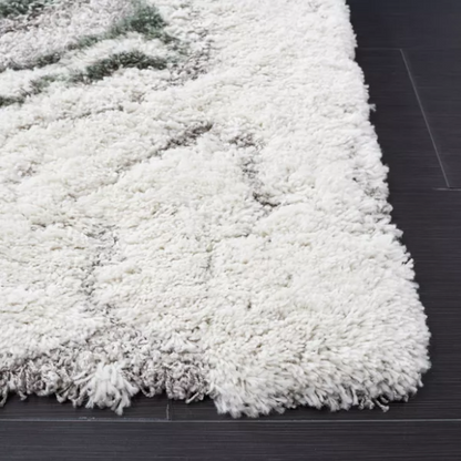 Plush Abstract Green, Grey, and White Pattern Shag Rug