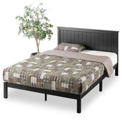 Modern Farmhouse King Size Solid Wood Platform Bed with Slat-Style Headboard and Matte Black Finish