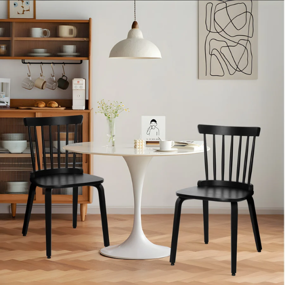 Solid Wood Slat Back Windsor Dining Chairs (Set of 2) – Sturdy, Eco-Friendly Construction with Ergonomic Backrest & Adjustable Foot Pads