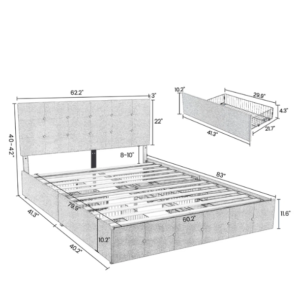 Queen Size Upholstered Platform Storage Bed with Tufted Button Accent Design