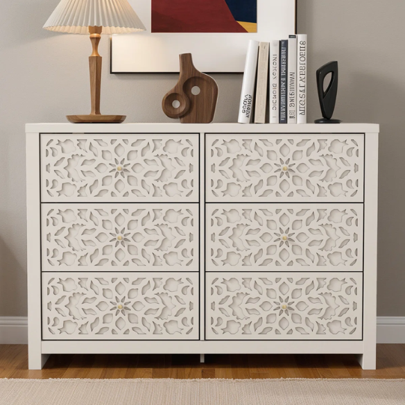 Boho-Inspired 45.4" 6-Drawer Dresser with Distressed Finish and Openwork Floral Details