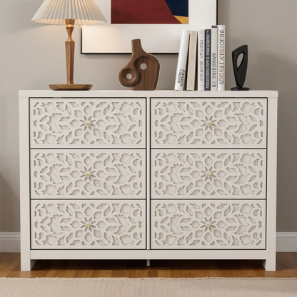 Boho-Inspired 45.4" 6-Drawer Dresser with Distressed Finish and Openwork Floral Details