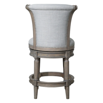 Swivel Bar-Height Stool with High Seat Back – Elegant Curved Back, 180° Automatic Return Swivel, Nail Head Trim, Metal Footrests, and Cushioned Foam Seat for Ultimate Comfort