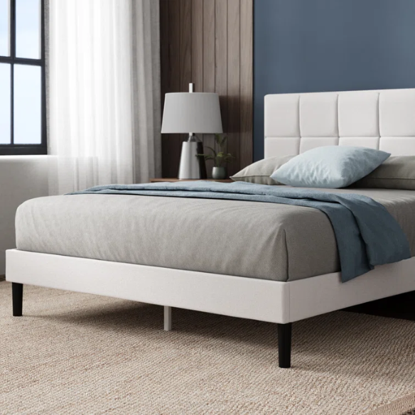 Modern King Size Upholstered Low Profile Platform Bed – Square-Tufted Headboard, Durable Steel Frame