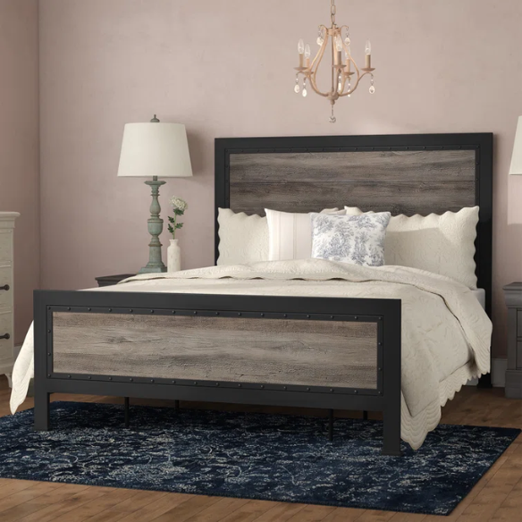 Rustic Industrial Queen Size Bed with Wood-Look Center – Sturdy and Stylish Design