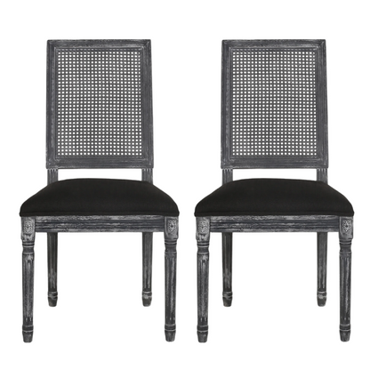 French Country Wood and Cane Upholstered Dining Chairs – Weathered Rubberwood Frame with Fluted Legs & Rectangular Cane Backrest