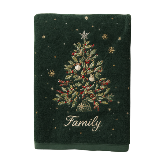 Dark Green Plush Christmas Towel with Embroidered Family Tree & Festive Details