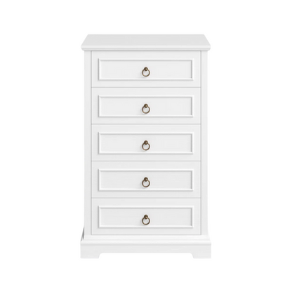 French Country-Inspired 5-Drawer Chest with Metal Ring Handles, Paneled Detailing, and Classic Crown Molding