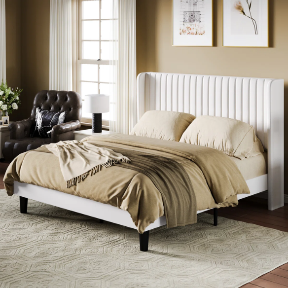 Luxurious King Size Upholstered Velvet Platform Bed with Modern Wingback Headboard – Heavy-Duty Steel Frame, No Box Spring Needed, and Ample Under-Bed Storage