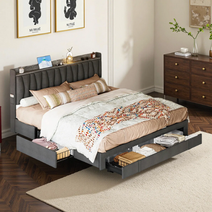Modern Upholstered King Size Bed Frame with 3 Storage Drawers, Soft Foam Headboard, and Built-in Charging Station