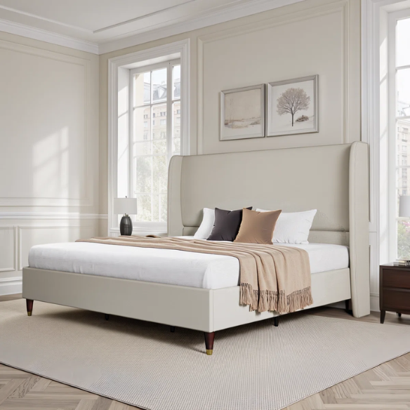 Queen Size Sleek and Minimalist Upholstered Platform Bed with Soft Linen Fabric – Elegant and Modern Design
