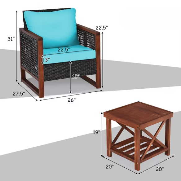 3-Piece Patio Wicker Furniture Set | Rattan Outdoor Sofa with Washable Cushions and Acacia Wood Coffee Table | Perfect for Garden and Backyard