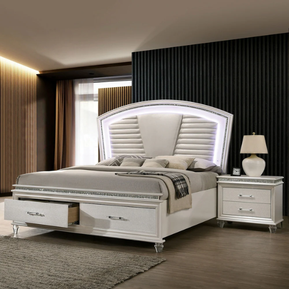 2-Piece Glam White Solid Wood Platform Bedroom Set with LED Lighting & Crystal Accents