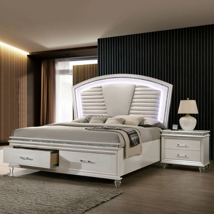 2-Piece Glam White Solid Wood Platform Bedroom Set with LED Lighting & Crystal Accents