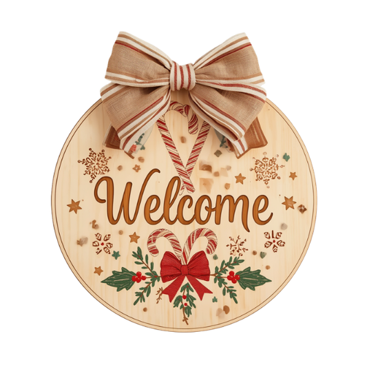 Round Wooden Christmas Wall Sign with Fabric Bow and Welcome Script