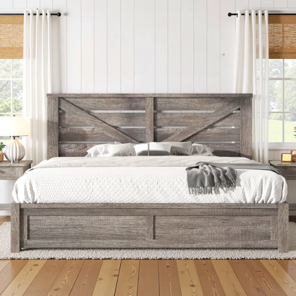 Farmhouse Classic Bed Frame with 49.2" Barn Door-Inspired Headboard, Ample Under-Bed Storage, Sturdy Metal Frame, and Silent Cotton Padding for Peaceful Sleep