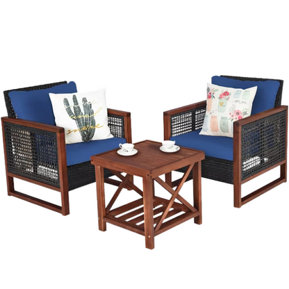 3-Piece Patio Wicker Furniture Set | Rattan Outdoor Sofa with Washable Cushions and Acacia Wood Coffee Table | Perfect for Garden and Backyard
