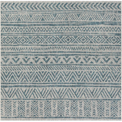 Striped Geometric Area Rug – Aqua & Taupe, Durable Polypropylene, Low-Pile Design for High-Traffic Indoor/Outdoor Spaces