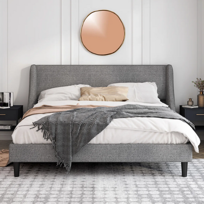 Luxurious King Size Upholstered Platform Bed with Deluxe Wingback Headboard – Soft Velvet and Linen Blend Upholstery, Sturdy Solid Wood Frame, and Modern Minimalist Design for Ultimate Comfort