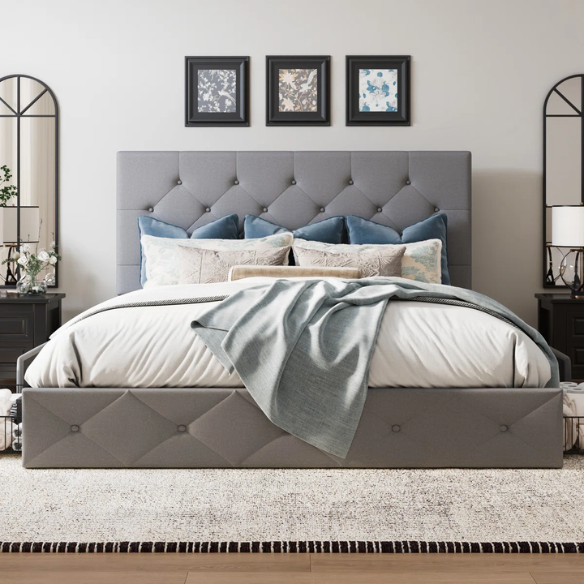 Queen Size Upholstered Platform Storage Bed with Tufted Button Accent Design