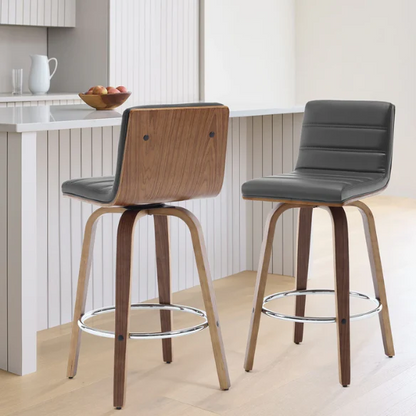 Mid-Century Modern Faux Leather Swivel Counter/Bar Stools – 360° Swivel, Padded PU Leather Seat & Back, Durable Bentwood Legs, Metal Footrest, Supports Up to 440lbs for Home Bar or Kitchen