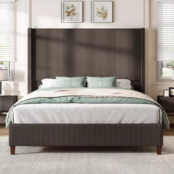 Queen Size Upholstered Wingback Platform Bed in Ribbed Corduroy Fabric
