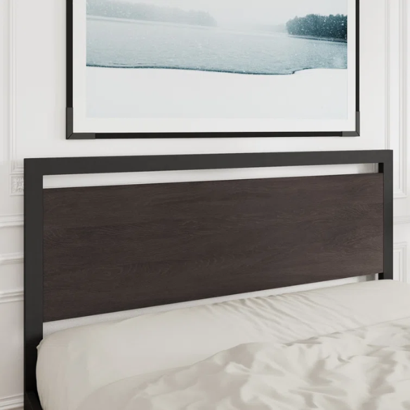 Queen Size Wood and Black Metal Frame Bed with Headboard – Modern Design with Rustic Distressed Wood Accents