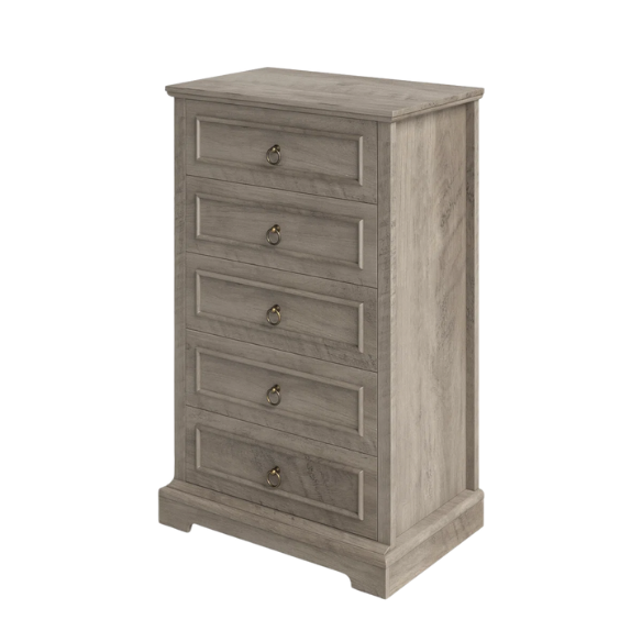 French Country-Inspired 5-Drawer Chest with Metal Ring Handles, Paneled Detailing, and Classic Crown Molding