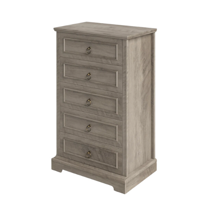 French Country-Inspired 5-Drawer Chest with Metal Ring Handles, Paneled Detailing, and Classic Crown Molding