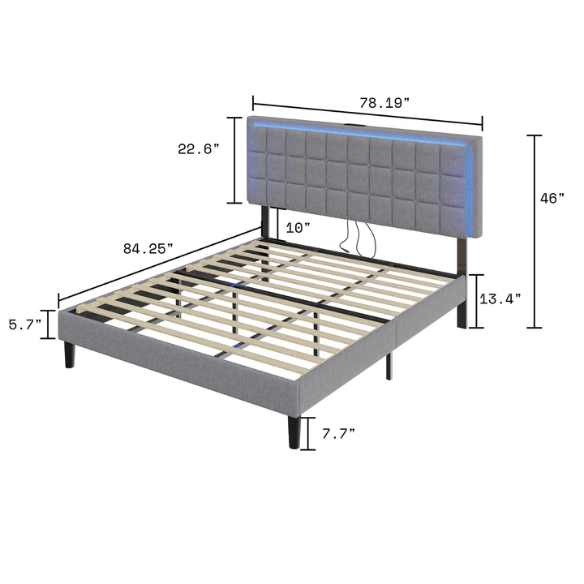 King Size Button-Tufted Platform Bed with LED Headboard, Built-in Charging Station, and Under-Bed Storage – Modern Convenience Meets Stylish Design