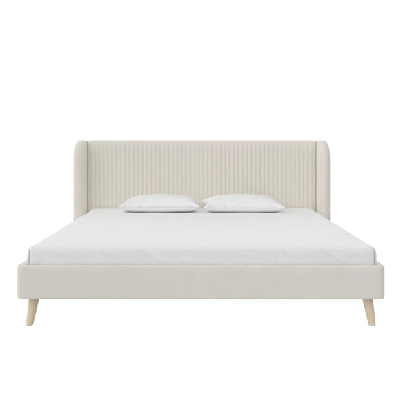 King Size Upholstered Wingback Platform Bed – Luxe Velvet Headboard with Vertical Tufting, Mid-Century Modern Design, and Space-Saving Wooden Frame