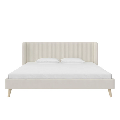King Size Upholstered Wingback Platform Bed – Luxe Velvet Headboard with Vertical Tufting, Mid-Century Modern Design, and Space-Saving Wooden Frame
