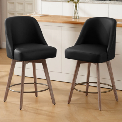 Modern Counter Height Swivel Bar Stool – Upholstered Faux Leather/Polyester Blend Seat, Solid Beech Wood Frame, Ergonomic High Back, Bronze Metal Footrest, 300lb Capacity for Kitchen, Bar, or Pub