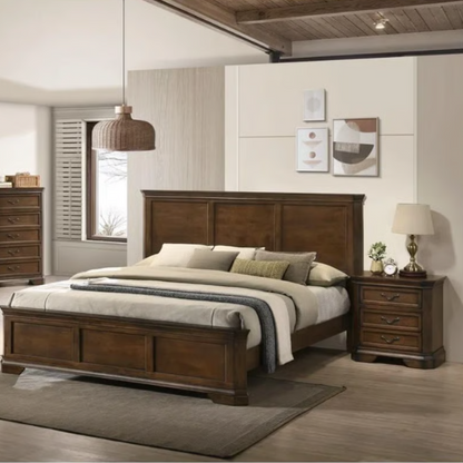 Traditional Wood Panel Bedroom Set with Dresser, Mirror, Nightstand, and Chest in Antique Walnut Finish