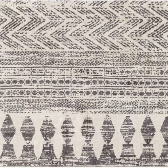 Southwestern-Inspired Geometric Rug – Dark Grey Diamond, Chevron & Dot Patterns on Off-White, Stain-Resistant, Perfect for High-Traffic Areas