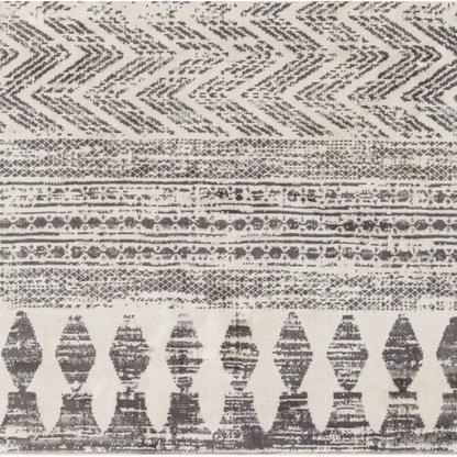 Southwestern-Inspired Geometric Rug – Dark Grey Diamond, Chevron & Dot Patterns on Off-White, Stain-Resistant, Perfect for High-Traffic Areas
