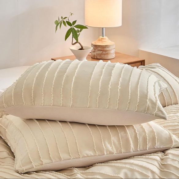 Luxurious Tufted Duvet Cover Set – Queen Size | Striped Textured Boho Bedding | Ultra-Soft Washed Microfiber | 3-Piece Set