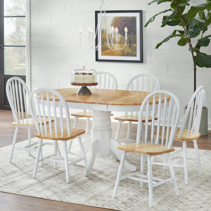 Farmhouse Solid Rubberwood Dining Table with 22-Inch Extension Leaf – Pedestal Base, Seats 6, Available in Oak, Matte Black, White/Natural, Grey/Walnut Finishes