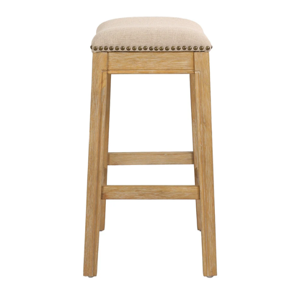 Saddle-Seat Wood Bar Stool with Upholstered Seat – Stylish and Durable Counter Stool in Weathered Natural  Finish